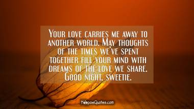Your love carries me away to another world. May thoughts of the times we’ve spent together fill your mind with dreams of the love we share. Good night, sweetie. Good Night Quotes